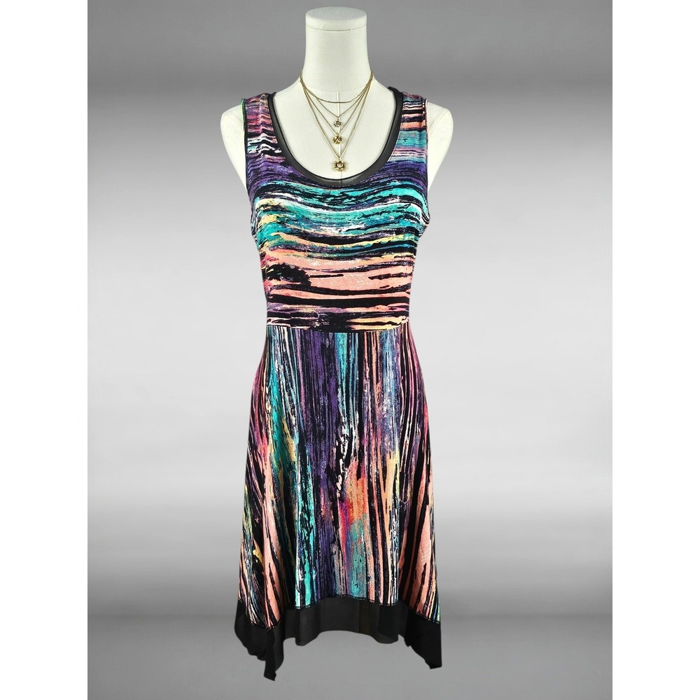 Whimsigoth Rainbow Mesh Trim Handkerchief Hem Dress Boho Witchy Womens M